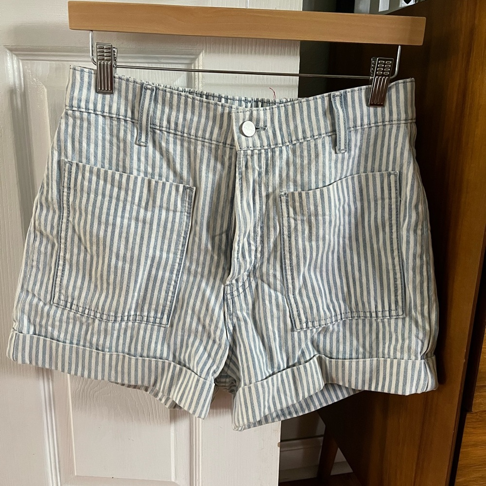 Sundry White and Light Blue Striped Cotton Shorts